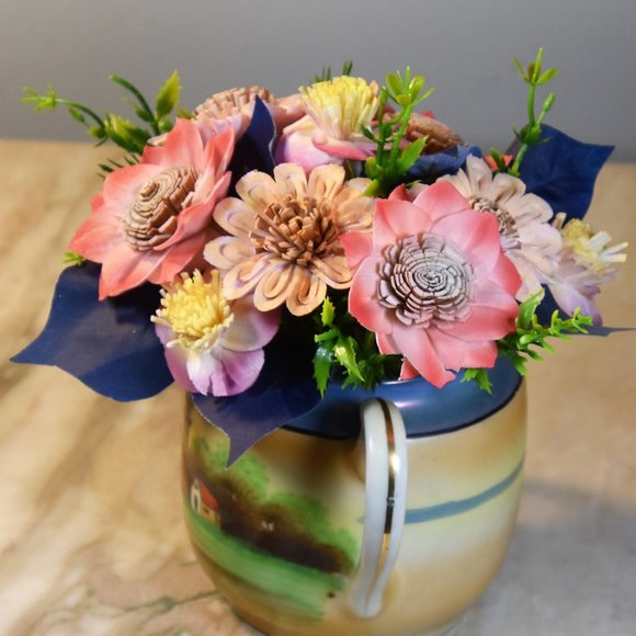 Antique lusterware hand painted lighthouse sugar bowl with Sola Wood flowers - Picture 3 of 9